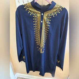 Luc Matton Mens African DASHIKI Tunic Shirt Navy Blue & Gold Long Sleeve Size L